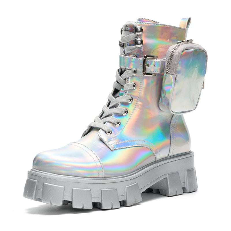 Cape Robbin Women's Combat Boots - Ankle Booties with Side Zipper, Pouch, Chunky Platform & Lace-Up Design (Monalisa) - Holographic 11 - Image 1