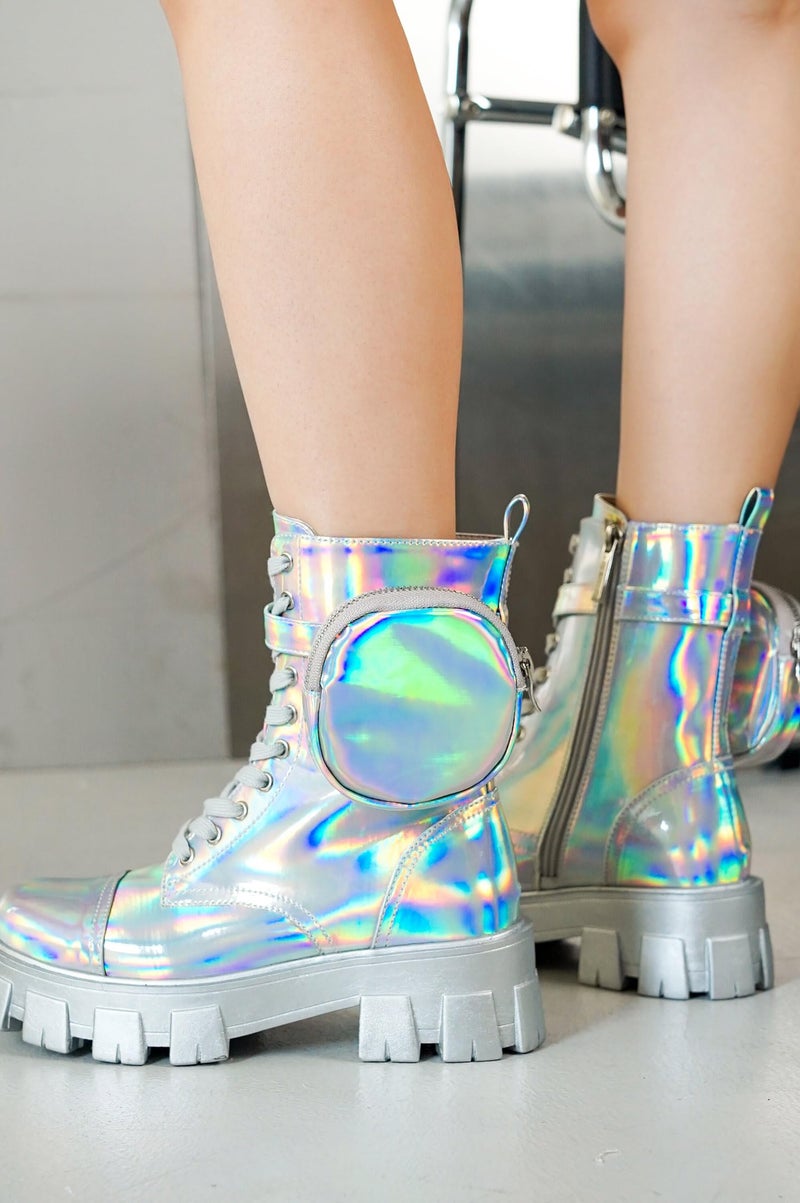Cape Robbin Women's Combat Boots - Ankle Booties with Side Zipper, Pouch, Chunky Platform & Lace-Up Design (Monalisa) - Holographic 11 - Image 2