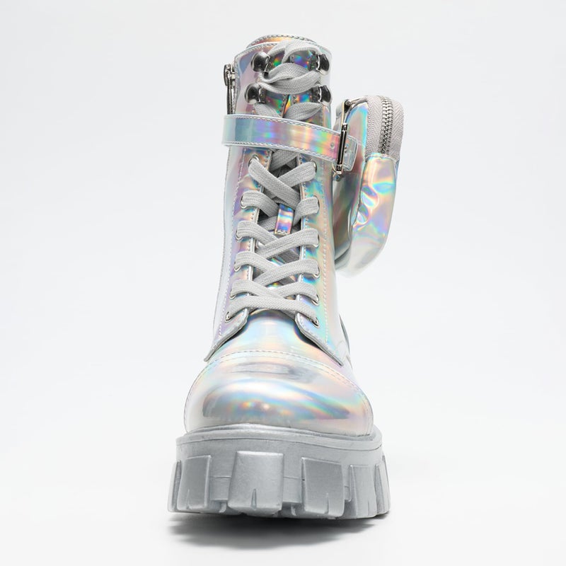 Cape Robbin Women's Combat Boots - Ankle Booties with Side Zipper, Pouch, Chunky Platform & Lace-Up Design (Monalisa) - Holographic 11 - Image 4