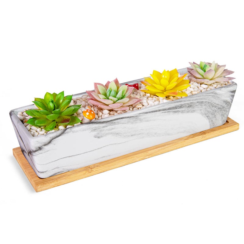 ARTKETTY Succulent Pots - 12.1 Inch Large Succulent Pots With Drainage Tray  Window Sill Planter  Long Rectangle Ceramic Pots For Indoor Cactus/Succulent Plants Shallow Bonsai Window Box For Home Garden Decor - Image 1