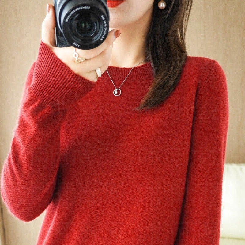 Base Shirt Womens Autumn and Winter Crewneck Sweater Womens Pullover New Knitted Sweater Womens Thin Non-Wool Sweater Cross-border Sweater Cherry red