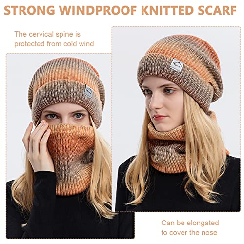 GUSTAVE® Orange Winter Caps for Women,Fleece Lined Womens Beanie Cap Hat with Neck Scarf, Knitted Warm Winter Hat Neck Warmer Scarf Mask Set - Image 3