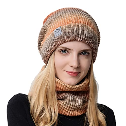 GUSTAVE® Orange Winter Caps for Women,Fleece Lined Womens Beanie Cap Hat with Neck Scarf, Knitted Warm Winter Hat Neck Warmer Scarf Mask Set - Image 1