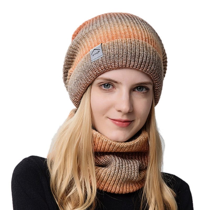 GUSTAVE® Orange Winter Caps for Women,Fleece Lined Womens Beanie Cap Hat with Neck Scarf, Knitted Warm Winter Hat Neck Warmer Scarf Mask Set - Image 5