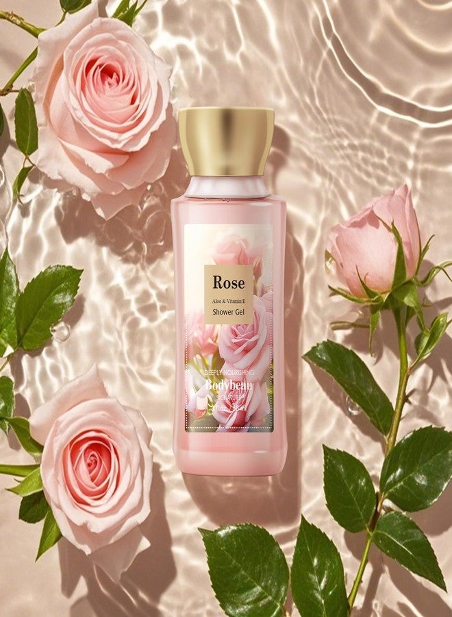 Bodybeau مجموعة هدايا للعناية بالجسم برائحة الورد، مجموعة عناية شخصية من 4 قطع، جل استحمام، لوشن للجسم، معطر للجسم، مقشر للجسم، مجموعة سفر محمولة للعناية بالجسم - Image 3