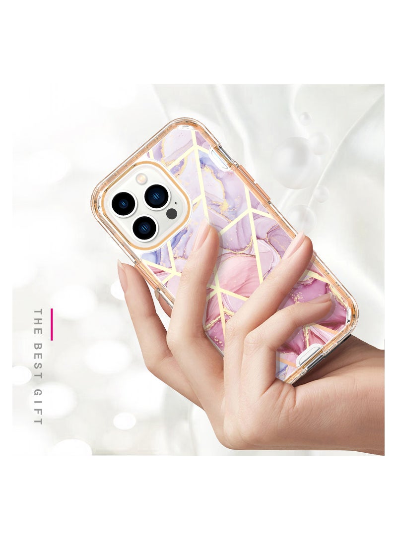 كولور فانس حافظة هاتف ابل ايفون 15 برو ماكس (6.7 بوصة) فاخرة من الرخام اللامع - غطاء حماية عصري مقاوم للصدمات 3 في 1 للنساء والفتيات - وردي، أرجواني - Image 3