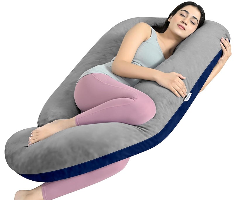 Cherilo Cherilo Full Body G Shaped Pregnancy Pillow for Pregnant Women and Nursing Mom Single Pillow for Multipurpose Use During Maternity Premium Velvet Outer Cover with Zip GreyNavy Blue