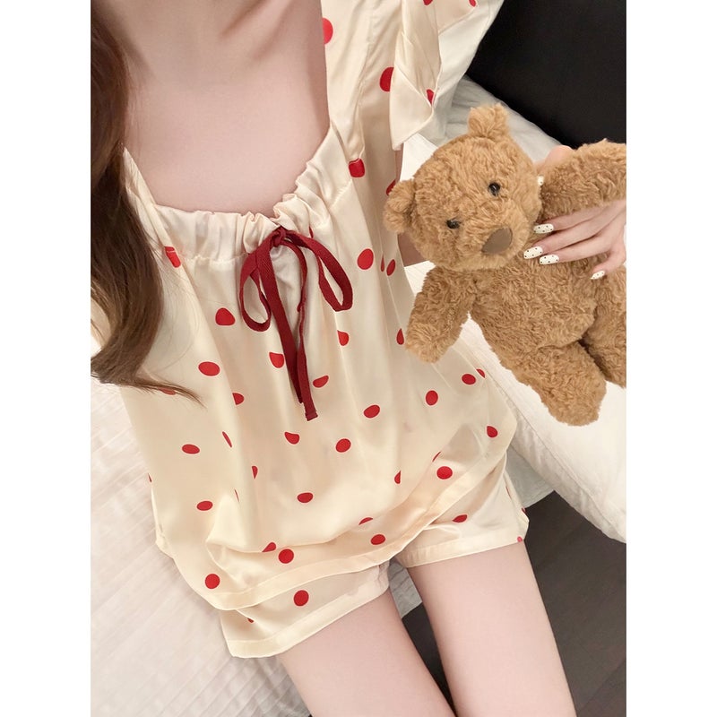 Women's Ice Silk Sleepwear Set Polka Dot Print Camisole and Shorts - Image 2