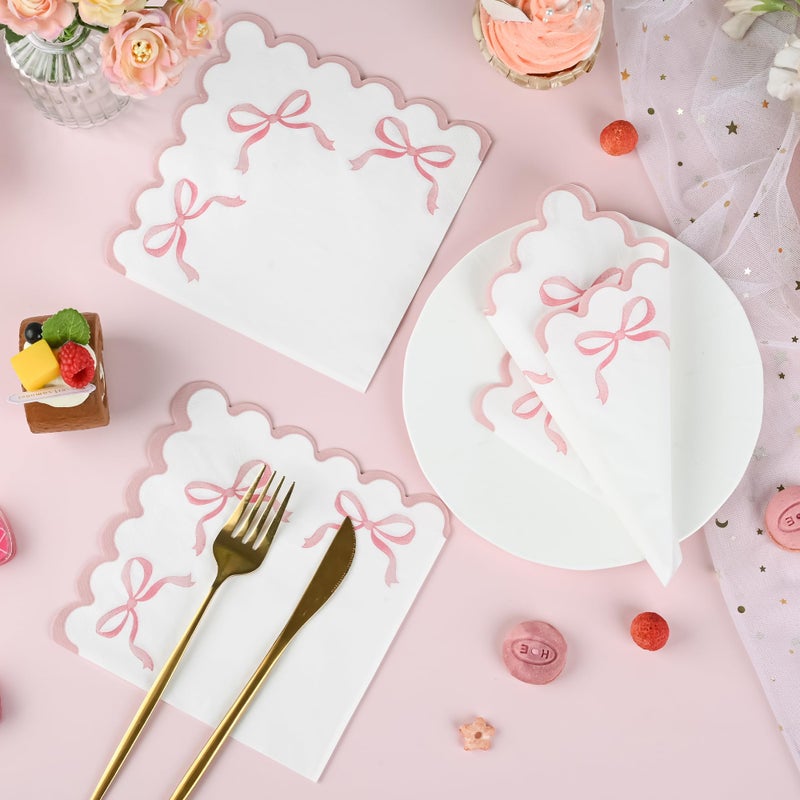 Elyxio 100 Pink Bow Paper Napkins Coquette Cute Disposable Party Napkins 6.5"" Scalloped Edge White Pink Hand Towels For Birthday Bridal Bachelorette Party Supplies - Image 4