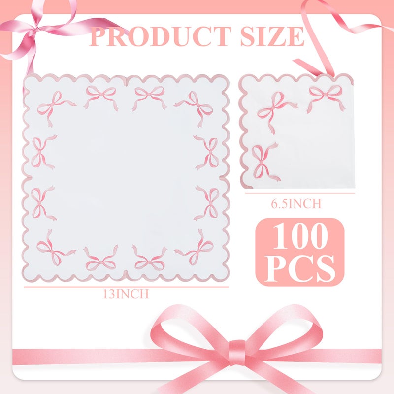 Elyxio 100 Pink Bow Paper Napkins Coquette Cute Disposable Party Napkins 6.5"" Scalloped Edge White Pink Hand Towels For Birthday Bridal Bachelorette Party Supplies - Image 2