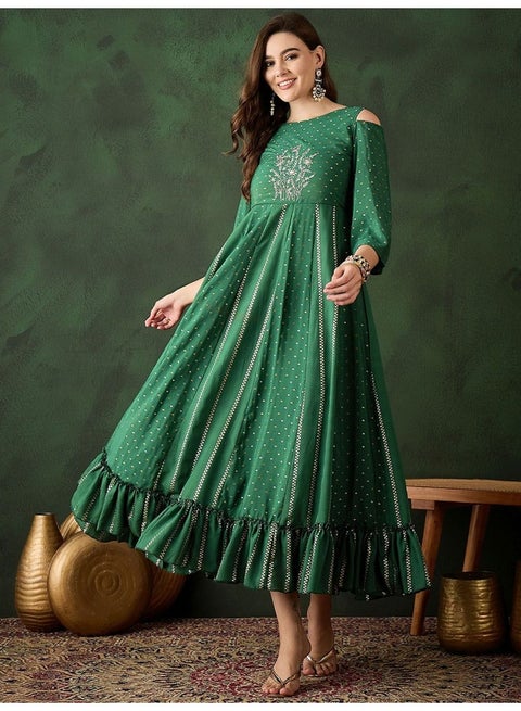 Green Jacquard Maxi Dress with Embroidered Neck