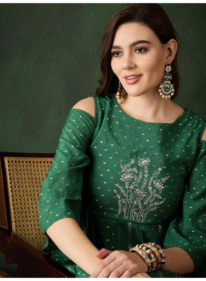 AKS Green Jacquard Maxi Dress with Embroidered Neck