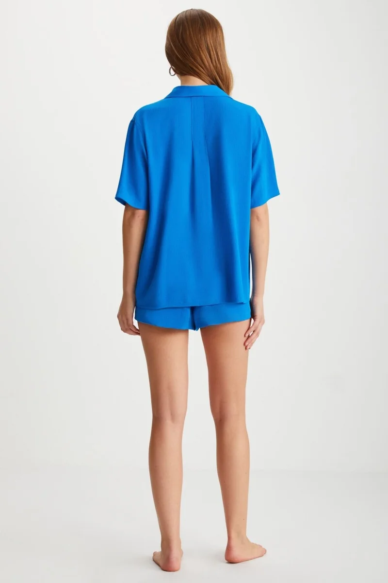 GRIMELANGE Carmına Women's Short Sleeve Buttoned Pocketless Blue Shirt