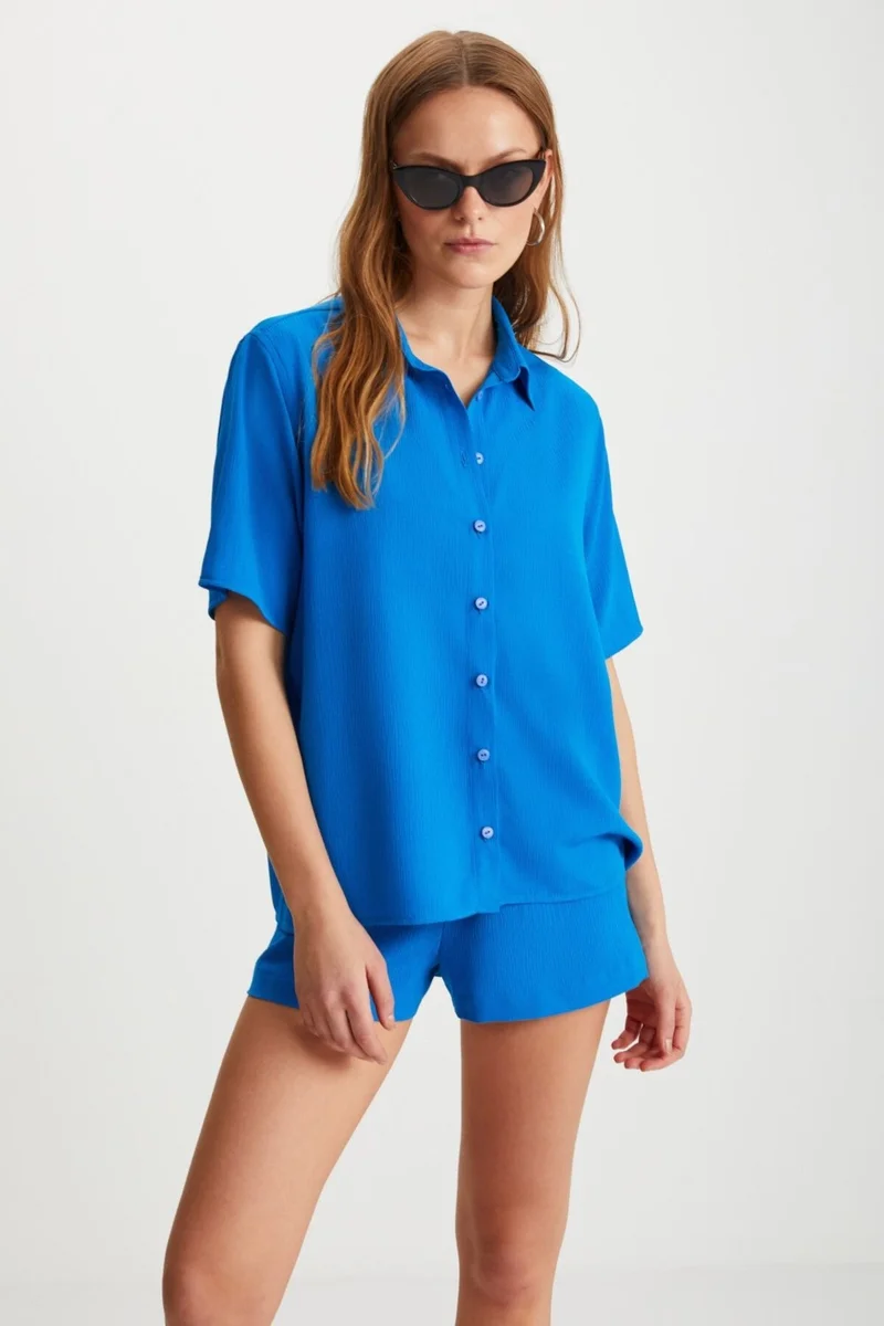GRIMELANGE Carmına Women's Short Sleeve Buttoned Pocketless Blue Shirt
