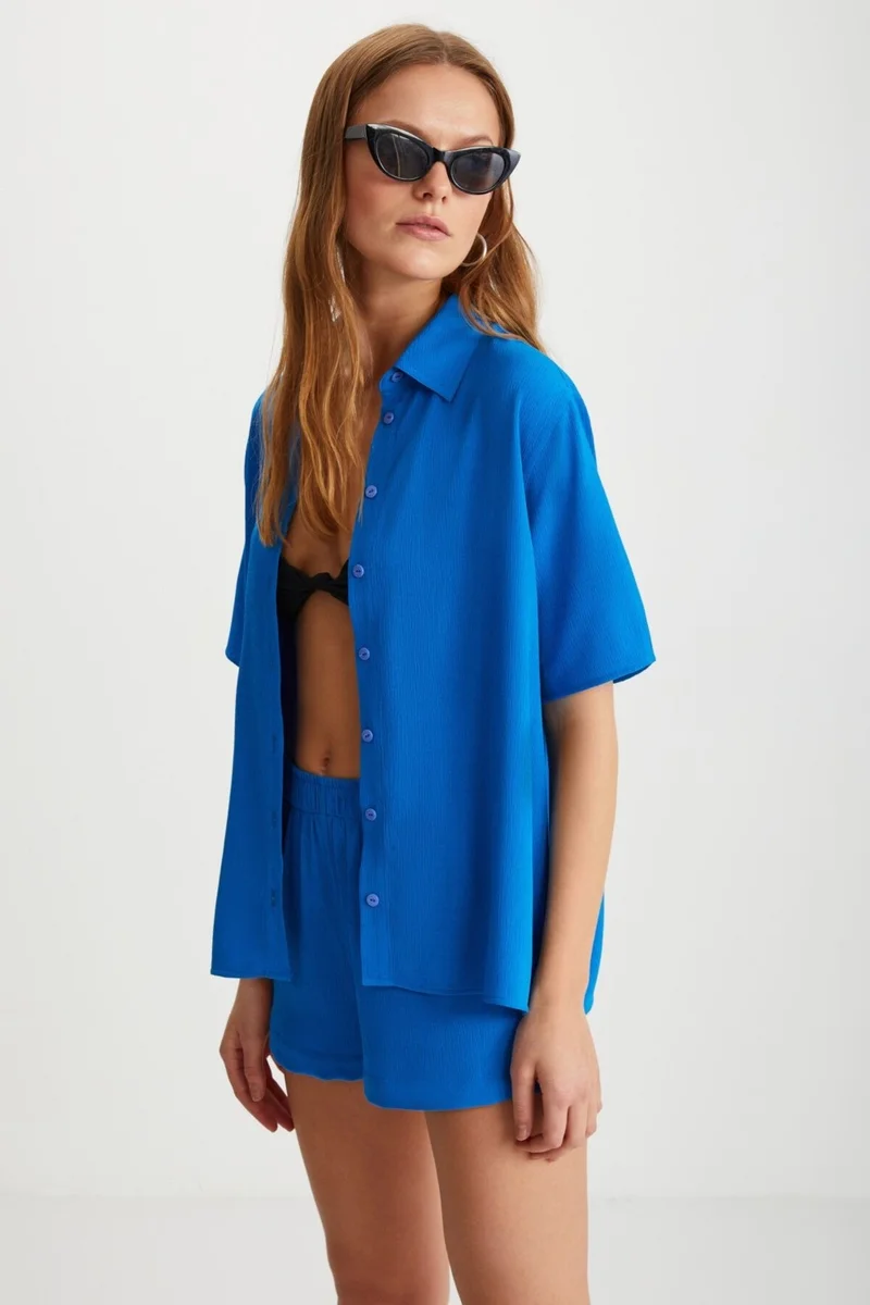 GRIMELANGE Carmına Women's Short Sleeve Buttoned Pocketless Blue Shirt