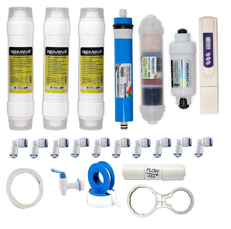 Remino Complete RO Service Filter kit of 100 GPD Membrane, Inline, UF, Mineral and TDS Meter with All Accessories - Image 1