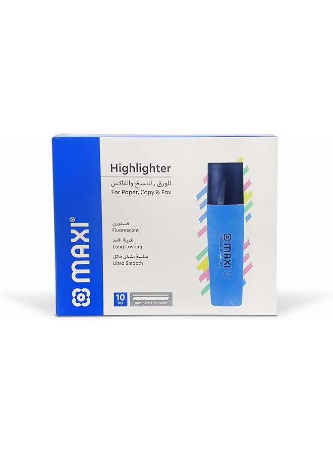 Maxi Super Fluorescent Premium Highlighter Box Of 10Pc Blue Ultra Smooth For Paper Copy And Fax  - Image 1