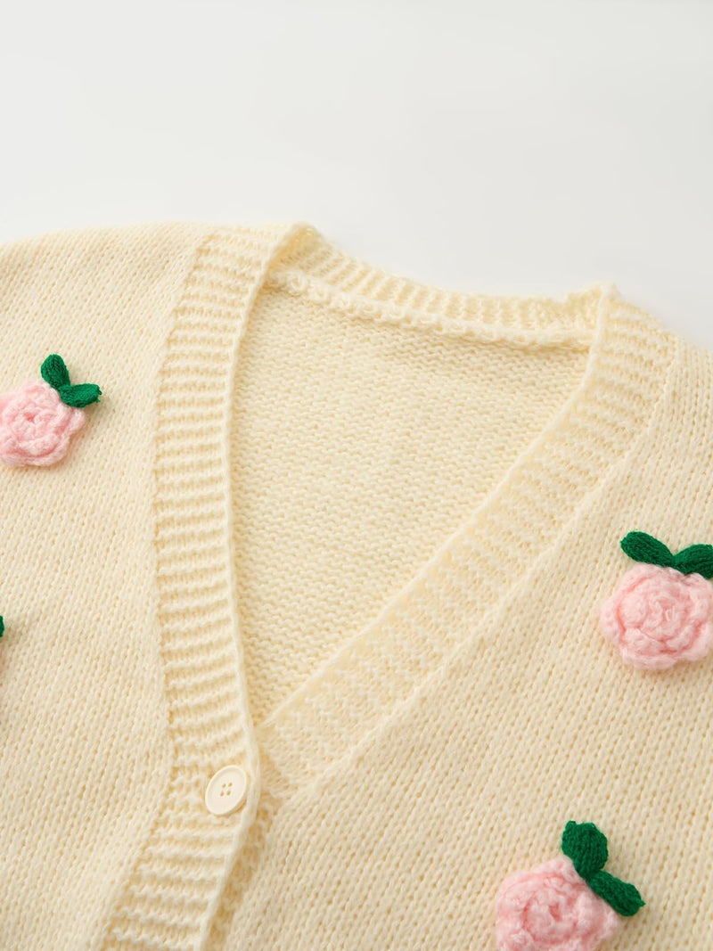 HOULENGS Women's Kawaii Flower Embroidered Button Down Cardigan Sweater Long Sleeve V Neck Knitted Crop Sweater Coat Beige One Size - Image 2