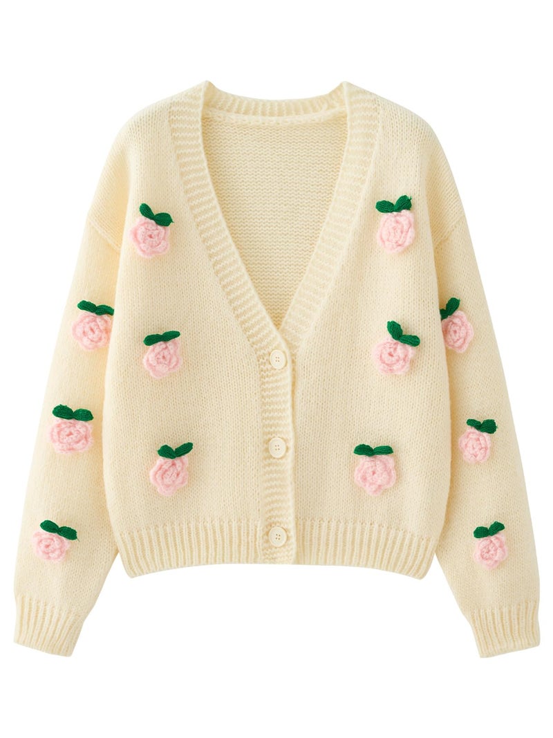 HOULENGS Women's Kawaii Flower Embroidered Button Down Cardigan Sweater Long Sleeve V Neck Knitted Crop Sweater Coat Beige One Size - Image 1