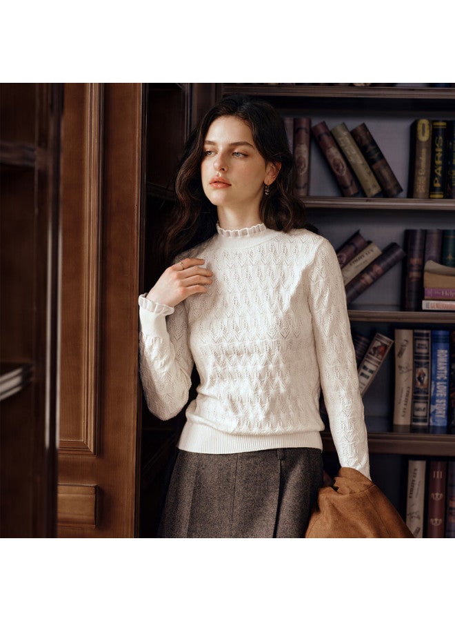 Olrain Oureier Ruffle Hollow Floral Knit Pullover Women's Autumn New Long Sleeve Top White S - Image 3