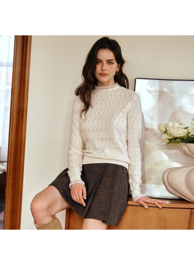 Olrain Oureier Ruffle Hollow Floral Knit Pullover Women's Autumn New Long Sleeve Top White S - Image 2