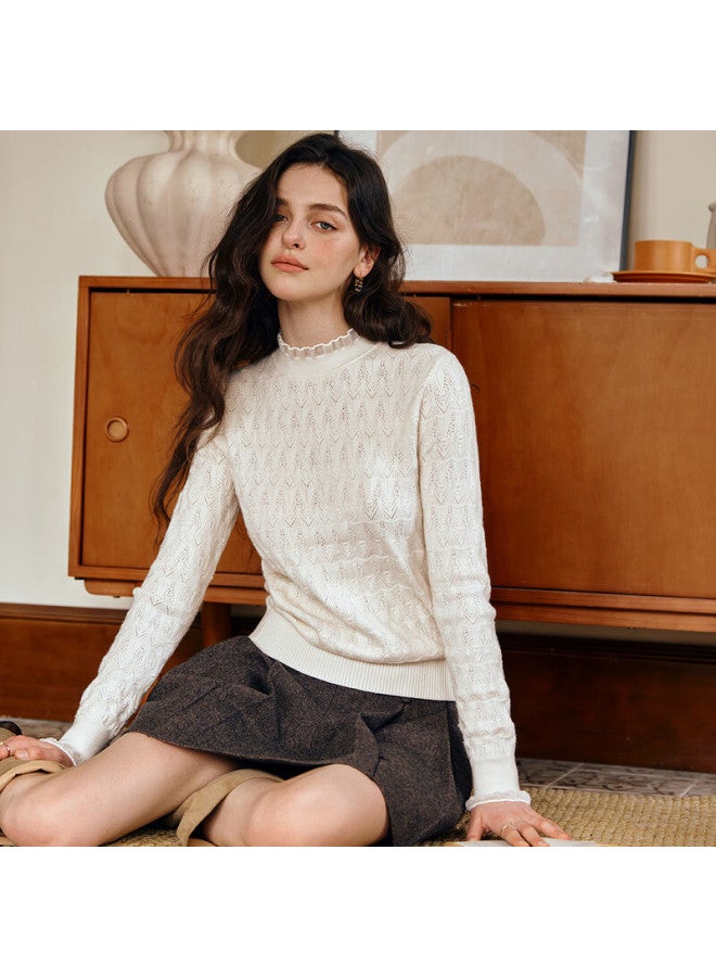 Olrain Oureier Ruffle Hollow Floral Knit Pullover Women's Autumn New Long Sleeve Top White S - Image 1