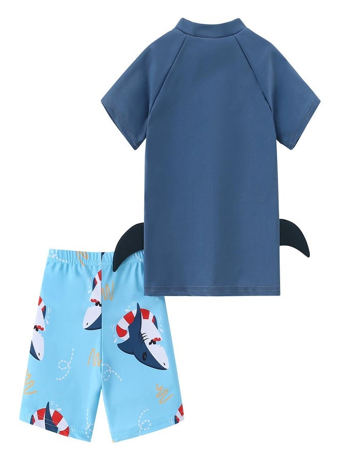 YAGATA Toddler Boy Swimsuit Cute Shark Bathing Suits Boys Swim Shirt Trunks Hat Swimming Set 3-4T Blue L - Image 3