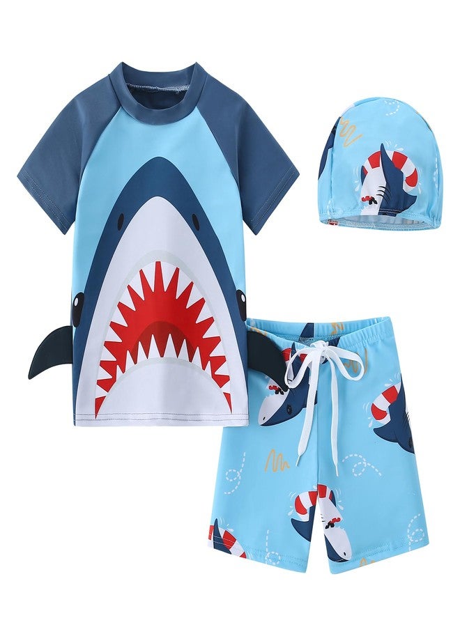 YAGATA Toddler Boy Swimsuit Cute Shark Bathing Suits Boys Swim Shirt Trunks Hat Swimming Set 3-4T Blue L - Image 1