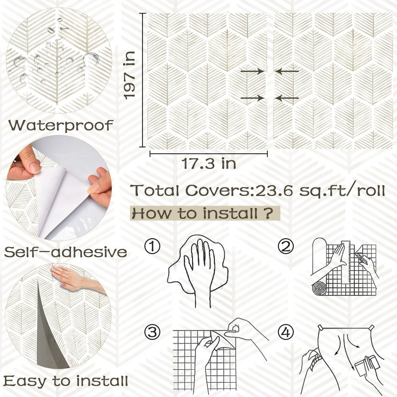 OSECAGE Modern Peel and Stick Wallpaper 17.3''Ã—197'' Self Adhesive Wallpaper Boho Contact Paper Beige and White Geometric Wall Paper Removable Decorative Wallpapers for Bedroom Bathroom Cabinets Decor Vinyl - Image 3