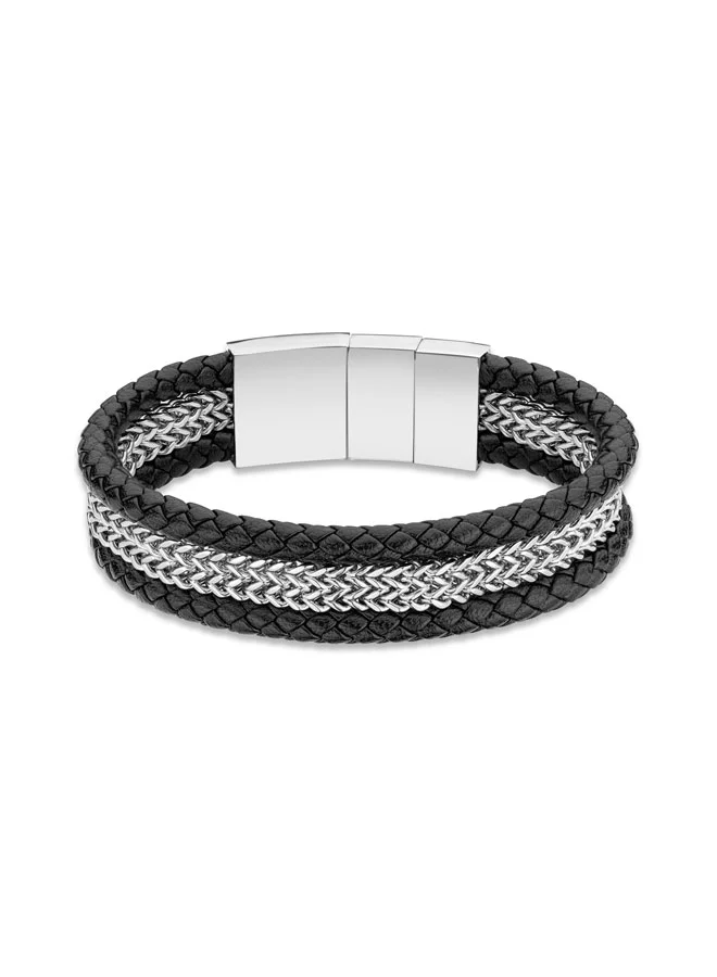 بوليس Lance Black Silver Braided Leather Bracelet for Men
