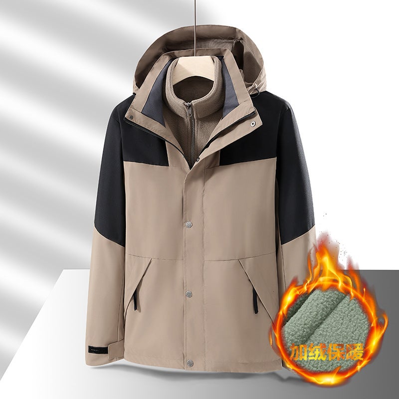 Generic Cross-border Live Broadcast 2024 Autumn and Winter Outdoor Couple Color-matching Mountaineering Suit Womens Waterproof Windproof Sports Jacket Mens Removable deep khakis - Image 1