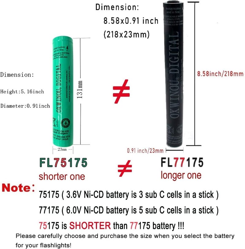 OXWINOU بطارية رقمية FL77175 (أطول من 75175) متوافقة مع Streamlight SL-20XLED SL-20XP-LED، UltraStinger، Superstinger، SL20L، SL-20LP Ni-CD 6V 1800mAh بطاريات مصابيح يد (عبوة 2) - Image 2