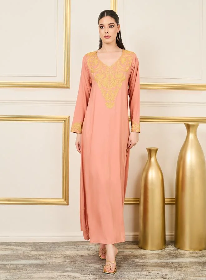 Styli Styli Embroidered Neckline Spot All Over Print Jalabiya