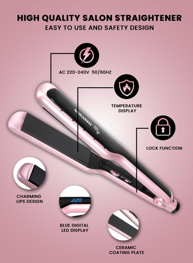 SONASHI WetDry Hair Straightener 68W Ceramic Coating Plate Sleek Design with Blue Digital LCD Display Lock and Temperature Control Functions Up to 230C with Fast HeatUp SHS-2059 Rose Gold/Black 400grams - Image 4