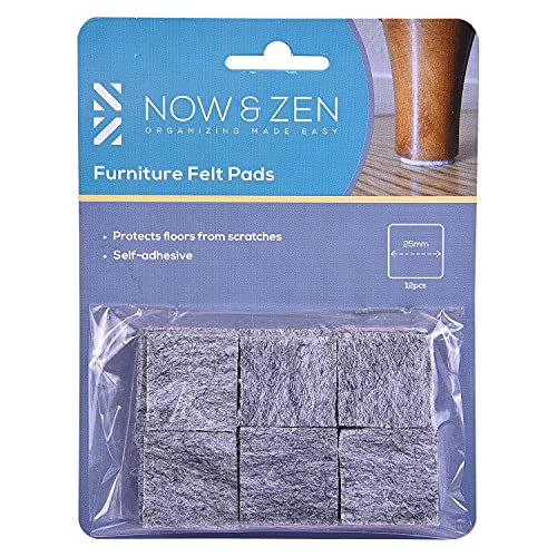 Now & Zen Self Adhesive Square Furniture Felt Pads for Hard Surfaces - Non-Scratch Heavy Duty Furniture Leg Guards (25 MM - Pack of 12, Dark Grey) - Image 1