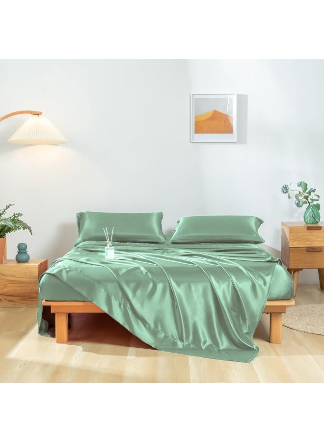 Revdomfly 4 Pcs Full Size Luxury Silky Soft Grass Green Satin Sheet Set - Image 1