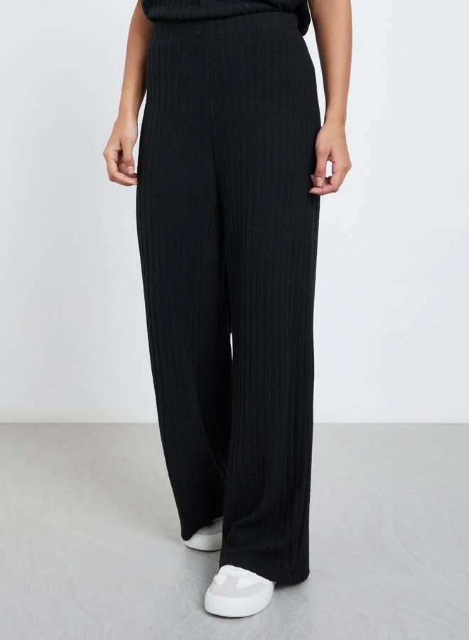 Styli Styli Black Ribbed Knit Wide Leg Pants
