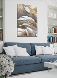 LOWHA Canvas Wall Art Stretched Over Wooden Frame with Golden Feathers Painting  - Image 1