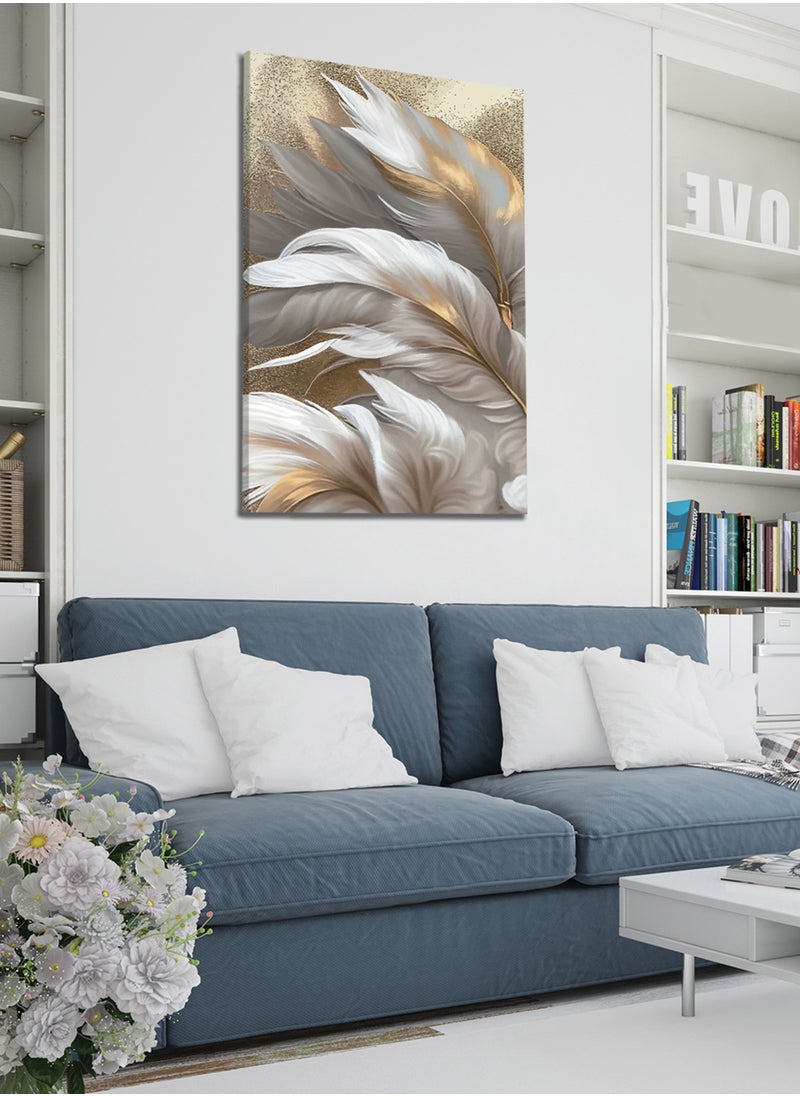 LOWHA Canvas Wall Art Stretched Over Wooden Frame with Golden Feathers Painting  - Image 1