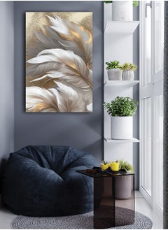 LOWHA Canvas Wall Art Stretched Over Wooden Frame with Golden Feathers Painting  - Image 3