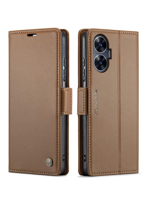 CaseMe Flip Wallet Case For Realme C55 RFID Blocking PU Leather Wallet Flip Folio Case with Card Holder Kickstand Shockproof Phone Cover - Brown