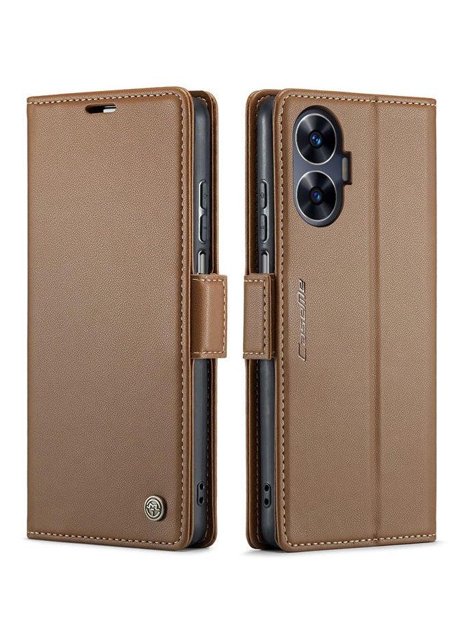 CaseMe Flip Wallet Case For Realme C55 RFID Blocking PU Leather Wallet Flip Folio Case with Card Holder Kickstand Shockproof Phone Cover - Brown