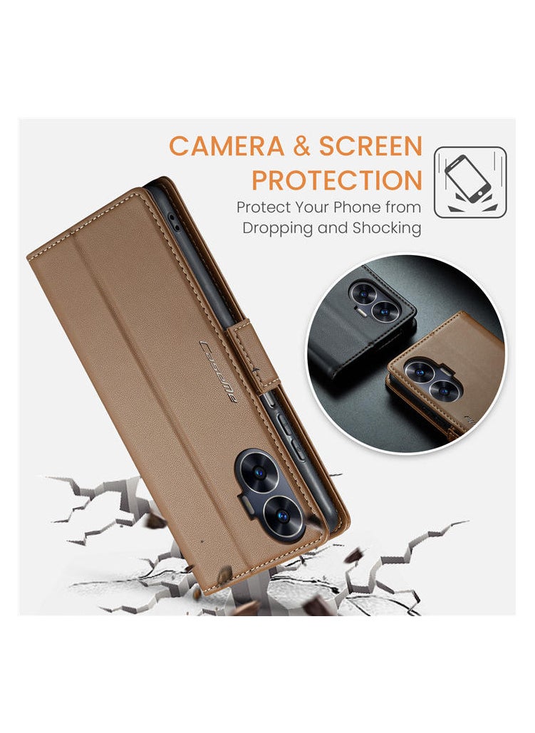 CaseMe Flip Wallet Case For Realme C55 RFID Blocking PU Leather Wallet Flip Folio Case with Card Holder Kickstand Shockproof Phone Cover - Brown