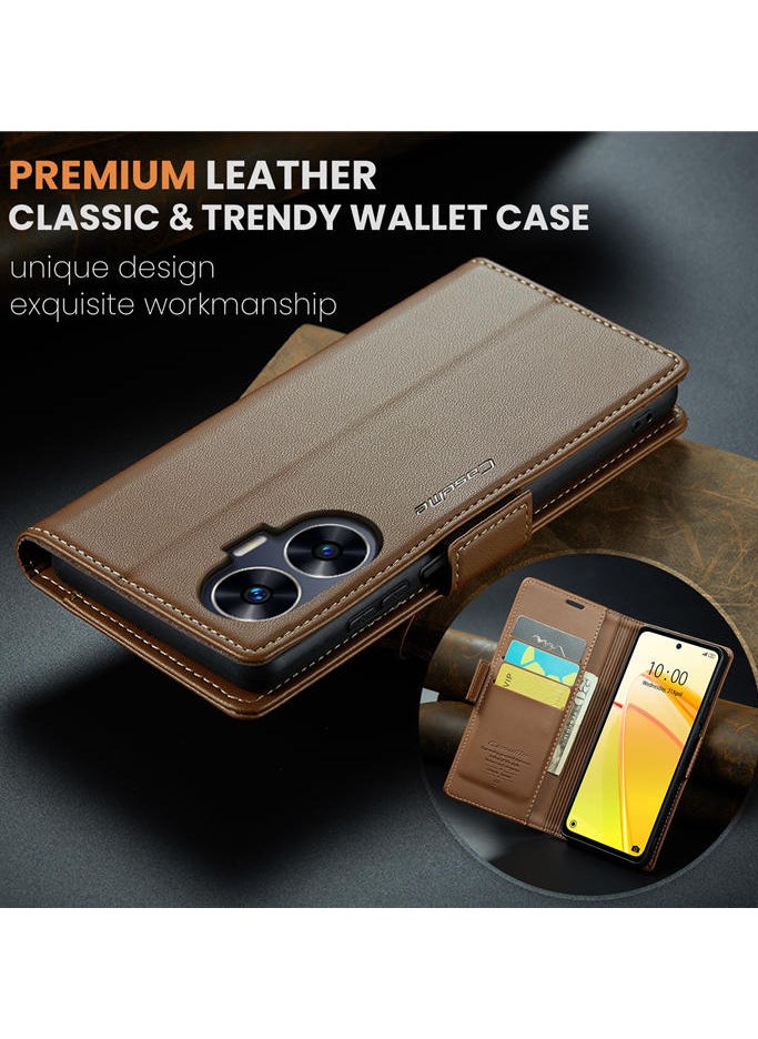 CaseMe Flip Wallet Case For Realme C55 RFID Blocking PU Leather Wallet Flip Folio Case with Card Holder Kickstand Shockproof Phone Cover - Brown