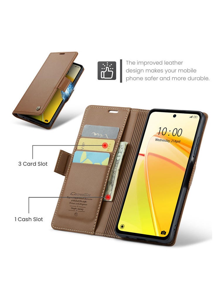 CaseMe Flip Wallet Case For Realme C55 RFID Blocking PU Leather Wallet Flip Folio Case with Card Holder Kickstand Shockproof Phone Cover - Brown