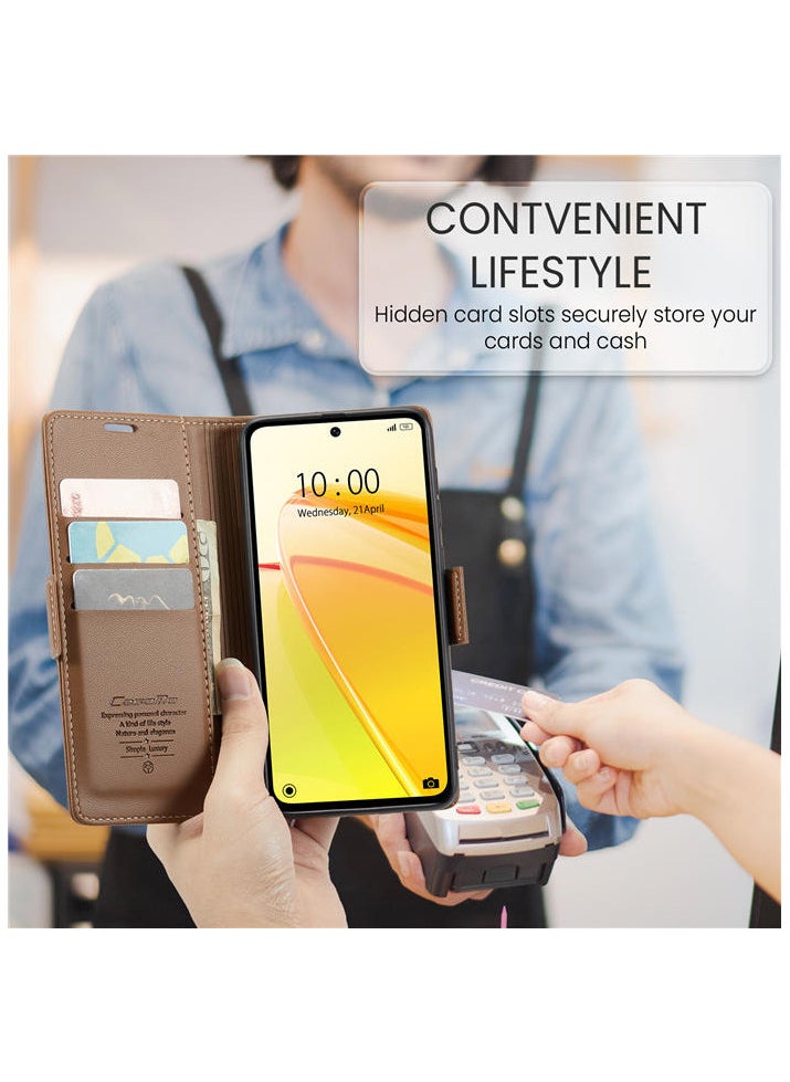 CaseMe Flip Wallet Case For Realme C55 RFID Blocking PU Leather Wallet Flip Folio Case with Card Holder Kickstand Shockproof Phone Cover - Brown