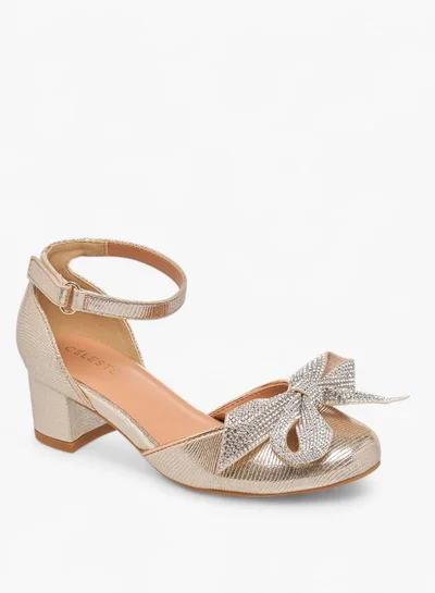 Celeste Girls Bow Applique Block Heel Shoes With Hook And Loop Closure