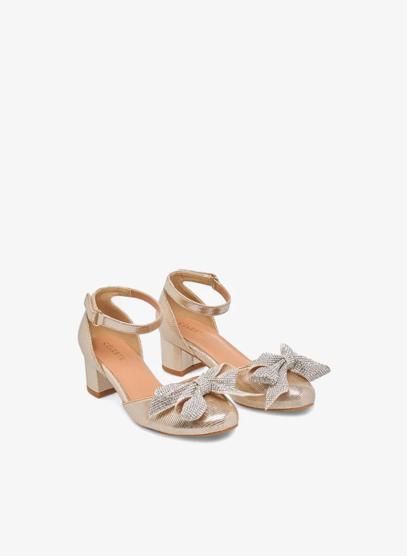 Celeste Girls Bow Applique Block Heel Shoes With Hook And Loop Closure Ramadan Collection