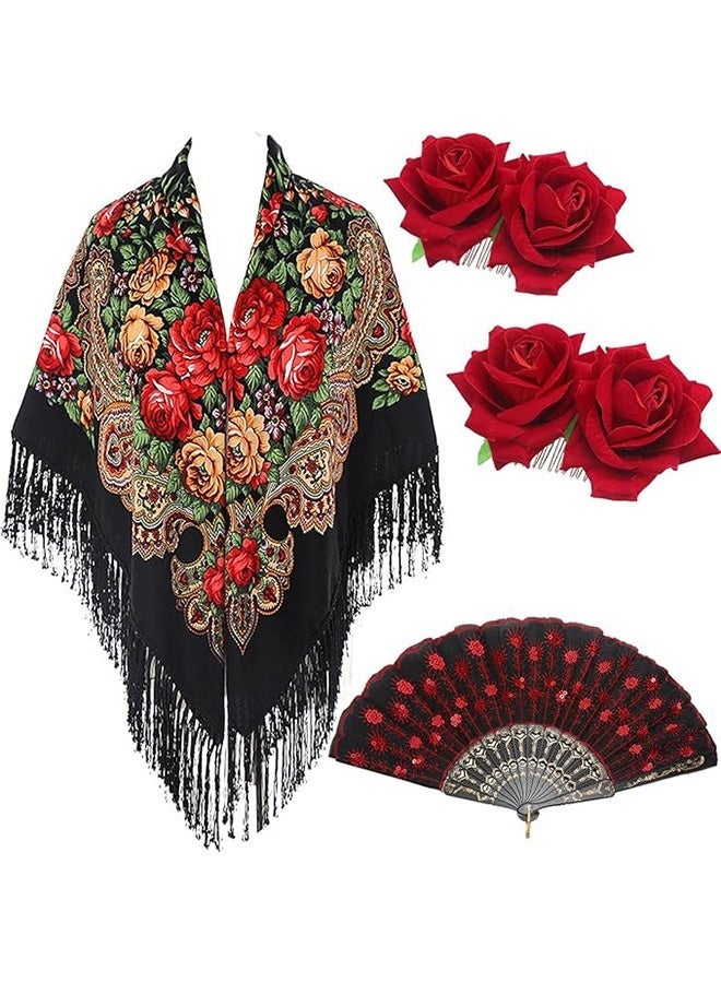 Unewshi 4 Pcs Traditional Mexican Flamenco Dress for Women Tassel Mexican Scarf Shawl Halloween Day of the Dead Costumes - Image 1