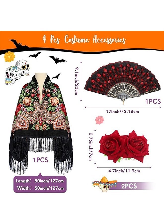 Unewshi 4 Pcs Traditional Mexican Flamenco Dress for Women Tassel Mexican Scarf Shawl Halloween Day of the Dead Costumes - Image 2